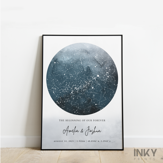 STAR MAP 'BLUE WATERCOLOUR' PRINT - READY TO FRAME