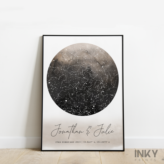 STAR MAP 'BEIGE WATERCOLOUR' PRINT - READY TO FRAME